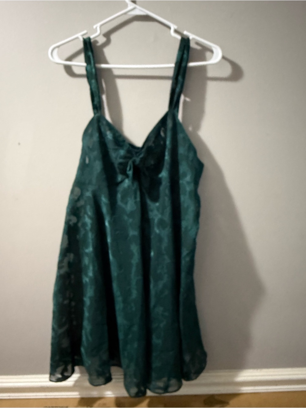 Vintage Victoria's Secret Dark Green Satin Slip Chemise with Subtle Jacquard